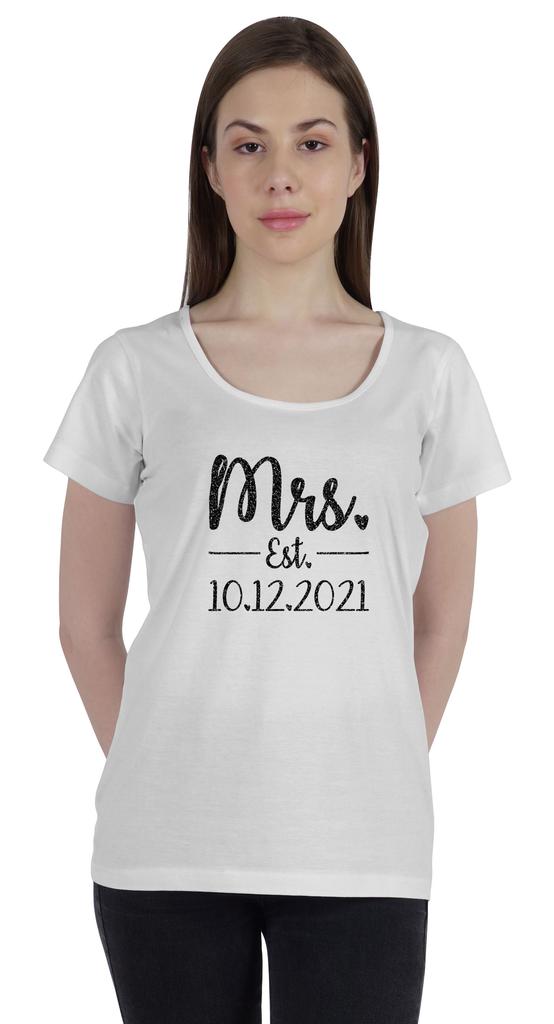 Inkdotpot Персонализированная женская футболка-топ Mrs.  Рубашка с объявлением о свадьбе