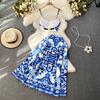 Summer Women Brand Designer Print Runway Two Piece Set Fashion Spaghetti Bra Tops and Big Swing Long Skirt Holiday Beach Outfits