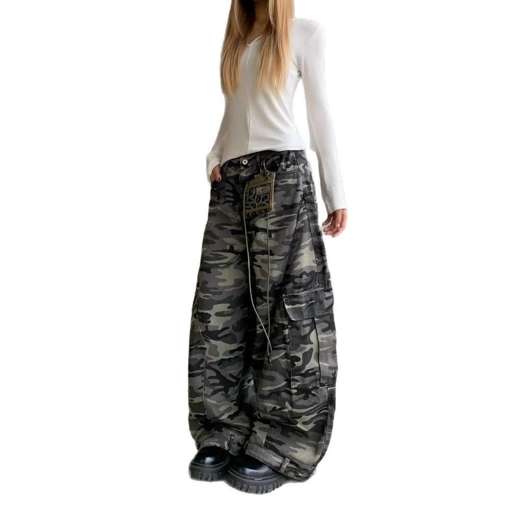 Унисекс Джинсы в стиле ретро камуфляж широкие штанины рабочая одежда с множеством карманов