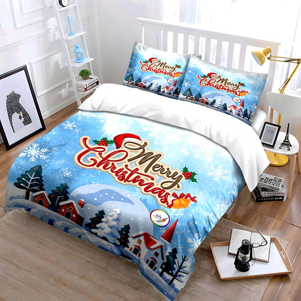 Merry Christmas Snowy Village Bedding Duvet Cover Set Duvet Cover Pillowcases (1*Duvet Cover 2*Pillowcases, without duvet insert)