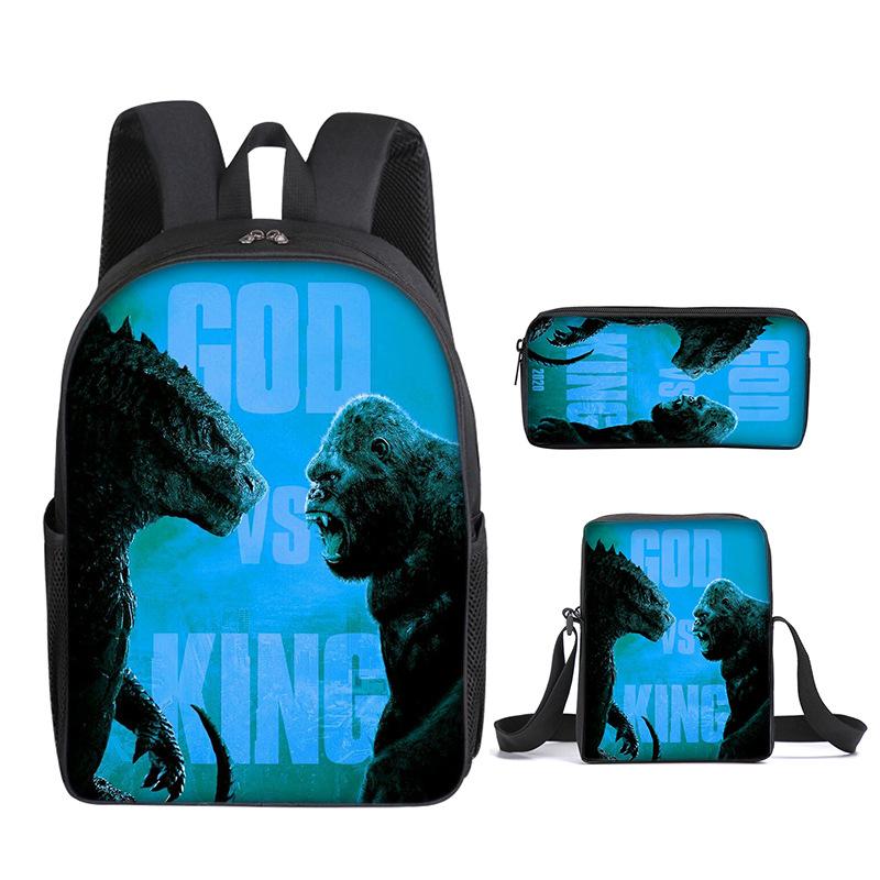 2021 Школьная сумка Godzilla Wars King Kong Набор из трех предметов Рюкзак с принтом для учеников начальной и средней школы Мультяшная школьная сумка