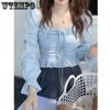 Square Neck Puff Sleeve Women Blouse Blue Cropped Top Pleated Design Vintage Shirt Simple Casual Sexy Sweet Spring Summer