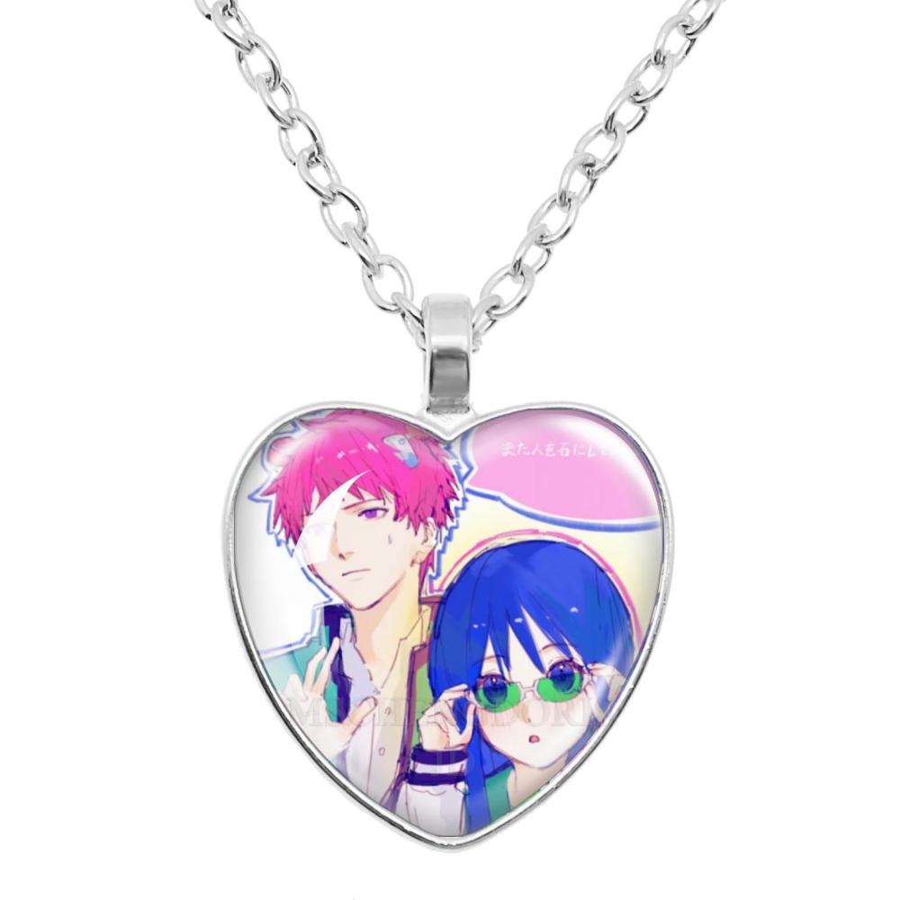 Кулон с персонажами мультфильма Saiki K: Сайки Кусуо, Сайто Шуичи, Терухаши Кокоми. Кулон в форме стеклянного сердца. Украшение-шарм. Подарок.