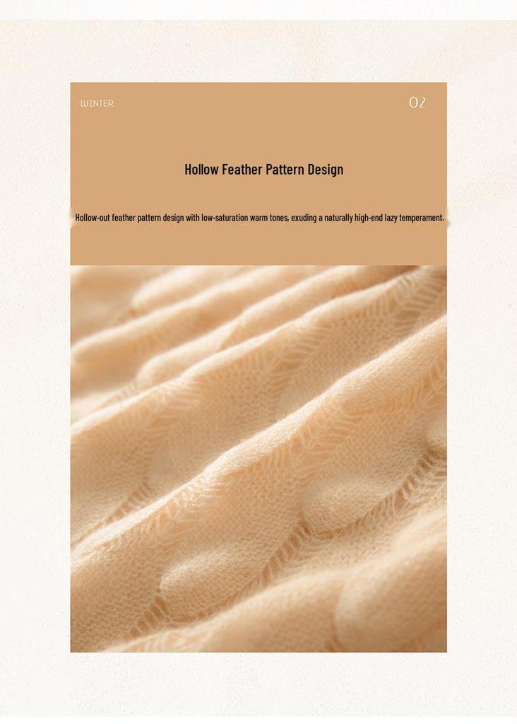 2026 Autumn/Winter Women's French Fashion Feather Patch Cashmere Sweater - Round Neck, Bell Sleeves, Hollowed Out Knit Design