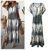 Women Summer Dress V-Neck Short Sleeve Side Slit Design Maxi Dress Tie Dye Print
