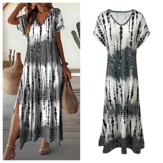 Women Summer Dress V-Neck Short Sleeve Side Slit Design Maxi Dress Tie Dye Print