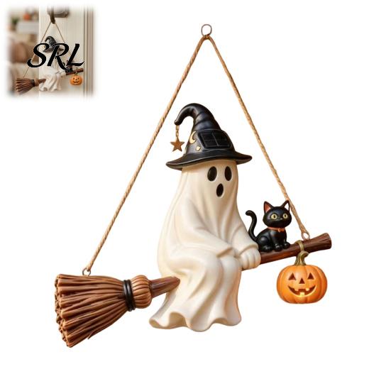 Solar Powered Ghost Lights Hanging Light, Halloween Resin Flying on Broom Ornament, Waterproof Outdoor Light Garden Decor Up Lamp, Auto On/Off