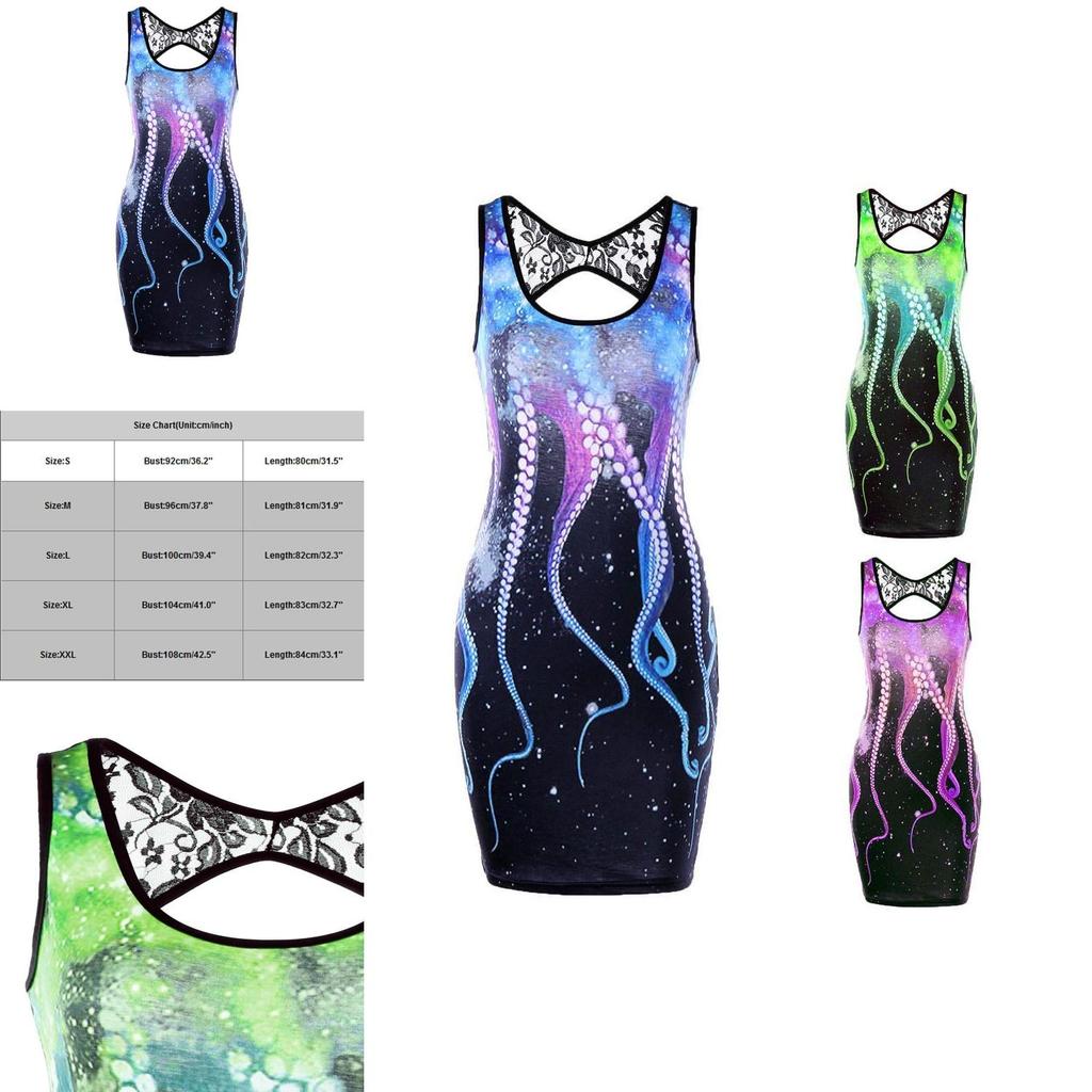 Women Summer Delicate Sleeveless Cut Out Octopus Print Mini Dress With Lace Stitching