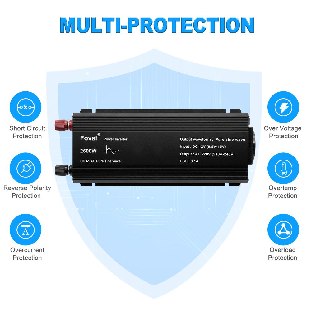 2600W (Вершина горы) 12 В до 230 В 1000 Вт Номинальная мощность Автомобильный инвертор питания Евро для кемпинга Домашние автономные солнечные системы
