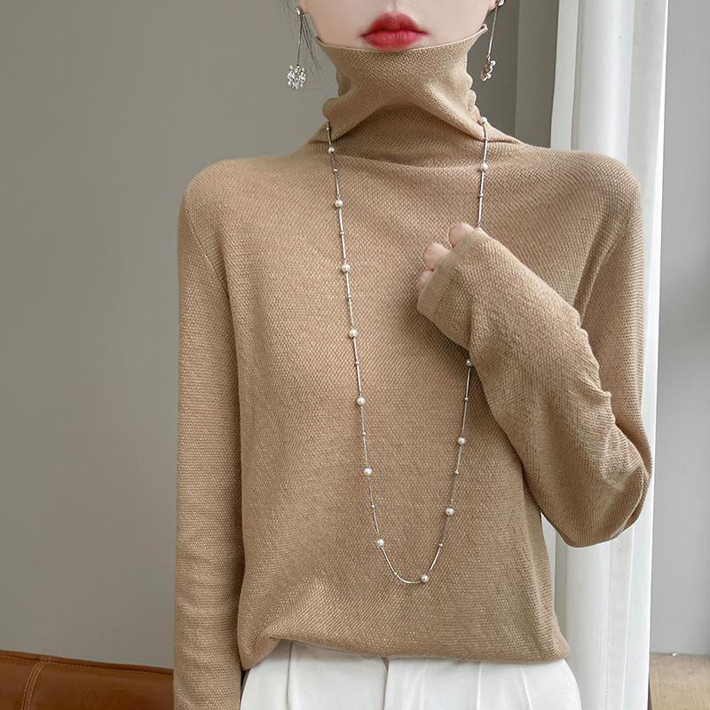 Осенний женский вязаный свитер с наборным воротом, длинный рукав, женские однотонные топы