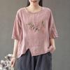 Хлопковый льняной топ, женская летняя тонкая вышивка, большого размера, женская свободная художественная ретро-футболка в китайском этническом стиле