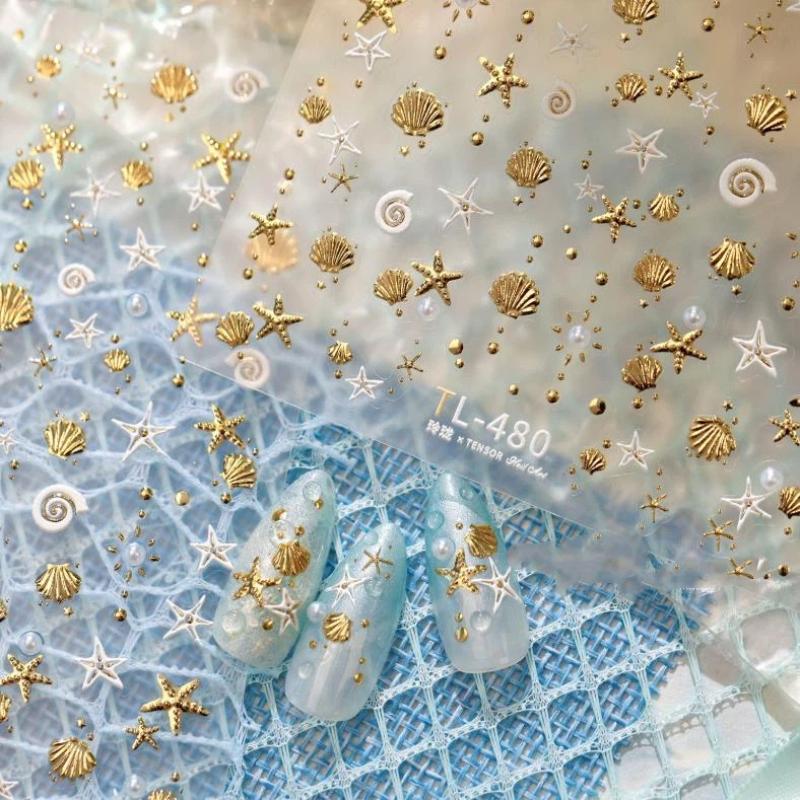 Gold Stamped Shell Conch Scallop Starfish Pearl 5D Embossed Self Adhesive Nail Art Stickers Delicate Ocean Style Manicure Decals