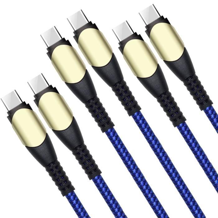 3x Câble USB-C vers USB-C Rapide 60W pour Xiaomi Redmi 14C/13C, Redmi Note 14/13, Note 13 Pro, Note 13 Pro+ 5G - Nylon Bleu 1M