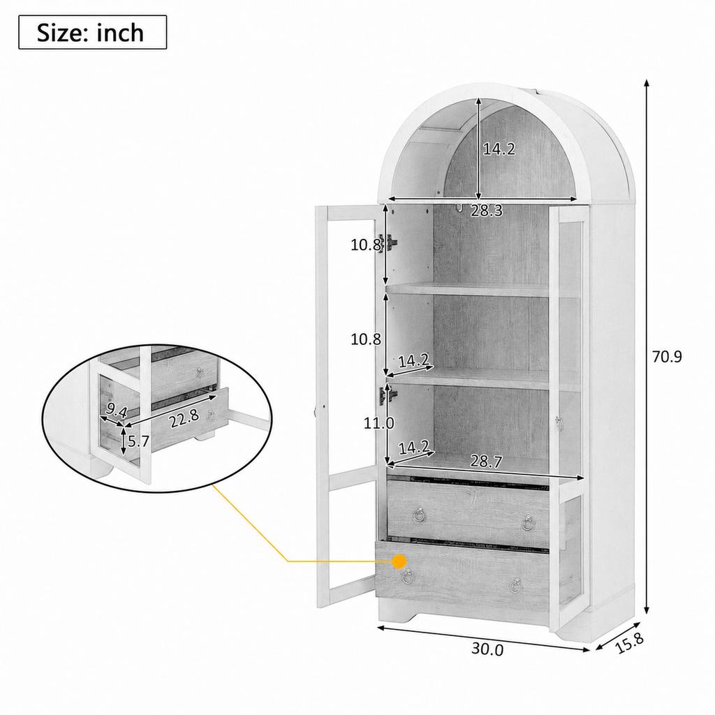 Highboard with adjustable shelves and drawers, with transparent glass and large storage space, ideal for dining room, living room and kitchen (white)