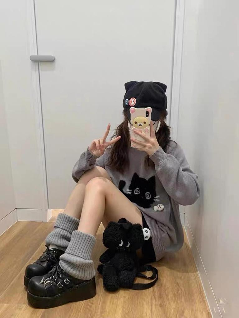 Kawaii Серые женские свитера Японский стиль Preppy Вязаные пуловеры Милые свободные джемперы Милая Harajuku Soft Girl