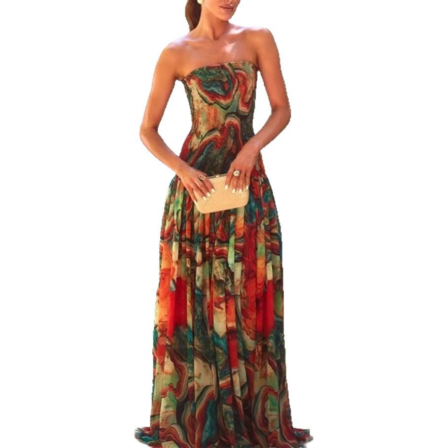 Женское strapless макси-платье с абстрактным принтом разных цветов, эластичная талия, струящееся длинное платье