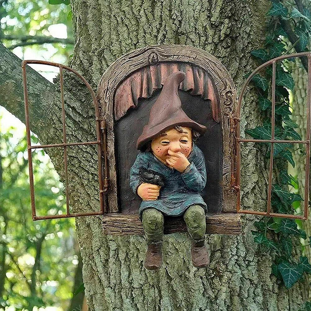 3D Garden Gnome Tree Statue, Resin Gnome Figurine Climbing Out of Tree Window, Tree Hugger Yard Art Decor