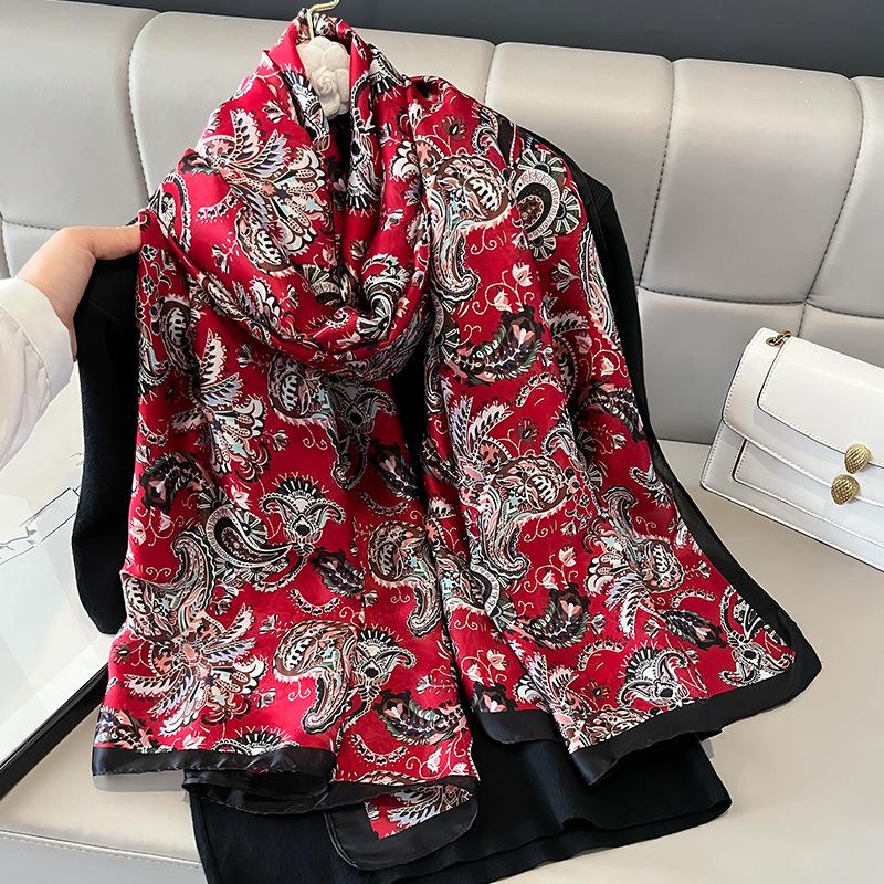 Ethnic Style Printed Imitation Silk Scarf Summer Fashion Exterior Shawl Thin Warm Air Conditioning Blanket Multifunction Sun Protection