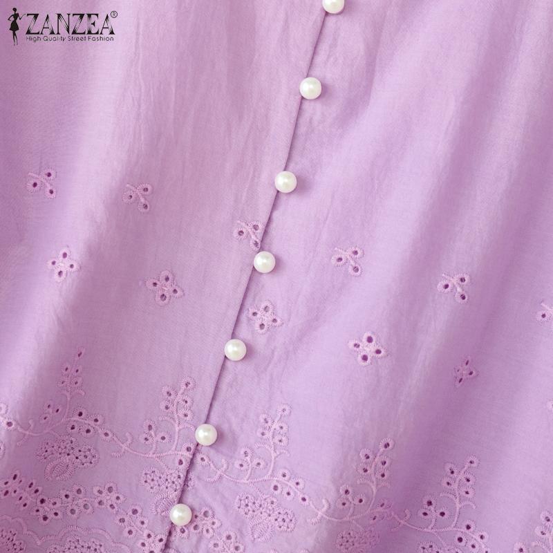 ZANZEA Женская повседневная блузка с круглым вырезом и рукавом 3/4 с вышивкой