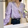 Women Casual Contrast Lace V-Neck Long Sleeve Striped Blouses