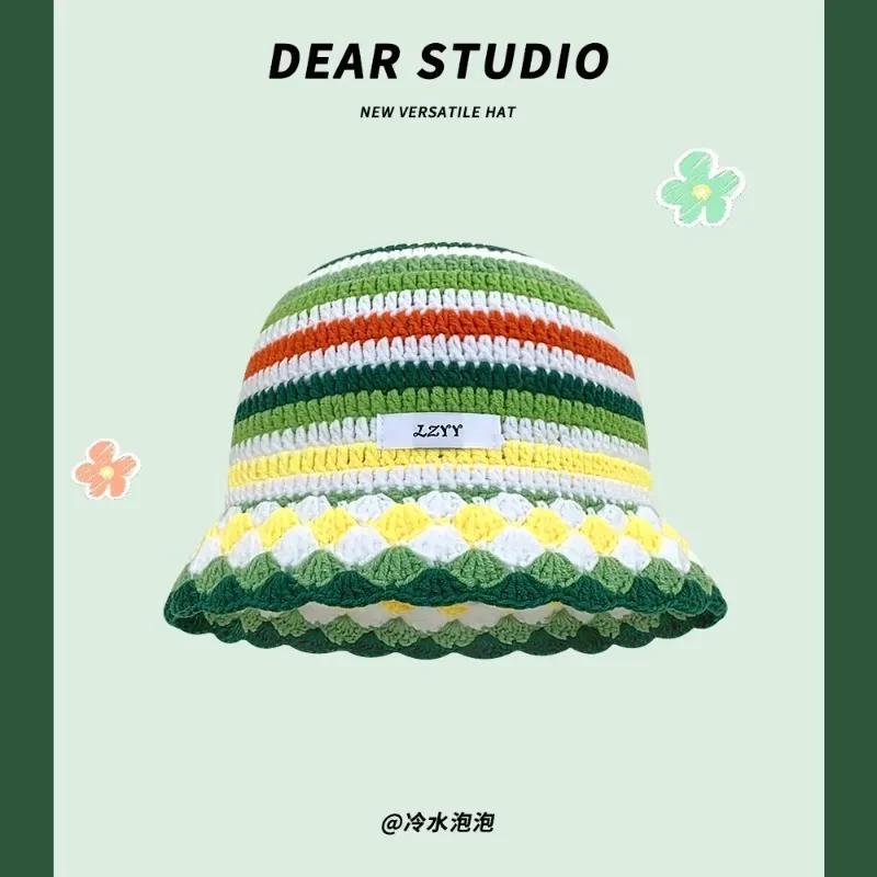 Fashion Dopamine Color Matching Striped Knitted Women's Cap Autumn and Winter Warm Casual Versatile Show Face Small Bucket Hat