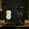 Gothic Candle Holder Halloween Candlestick Decoration, Raven Skull Holder, Three Dimensional Decor Spooky Taper Stand for Tabletop Home Matte Black