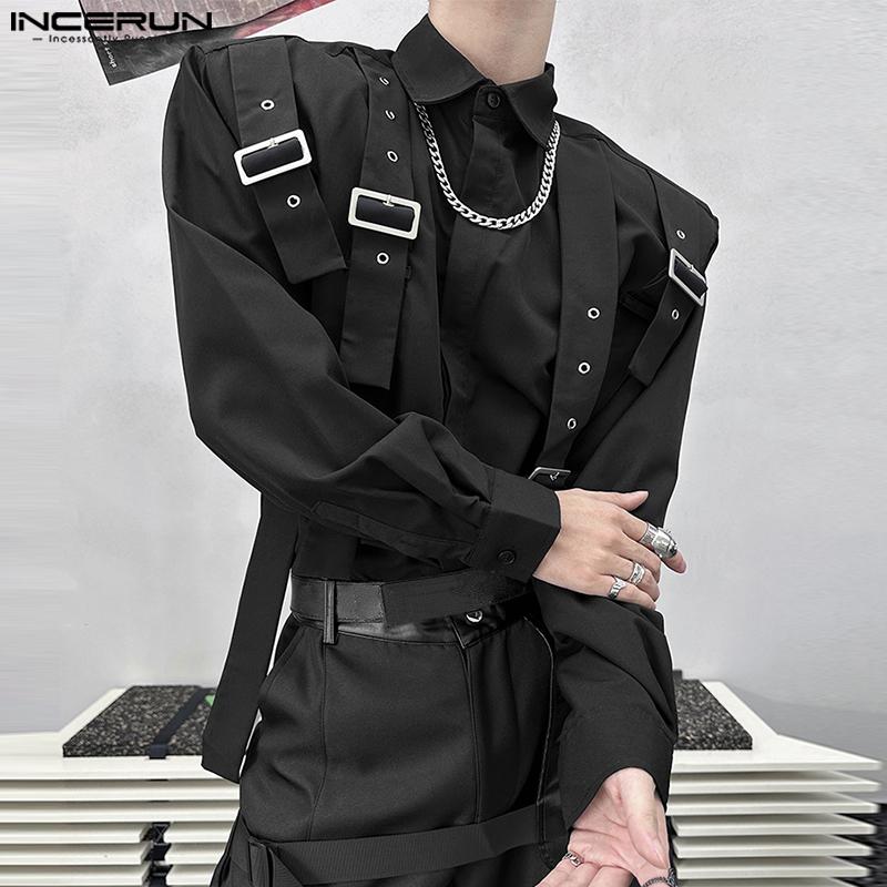 INCERUN Oversized Men Lapel Neck Long Sleeve Buttons Shirts Ribbon Patchwork Tops
