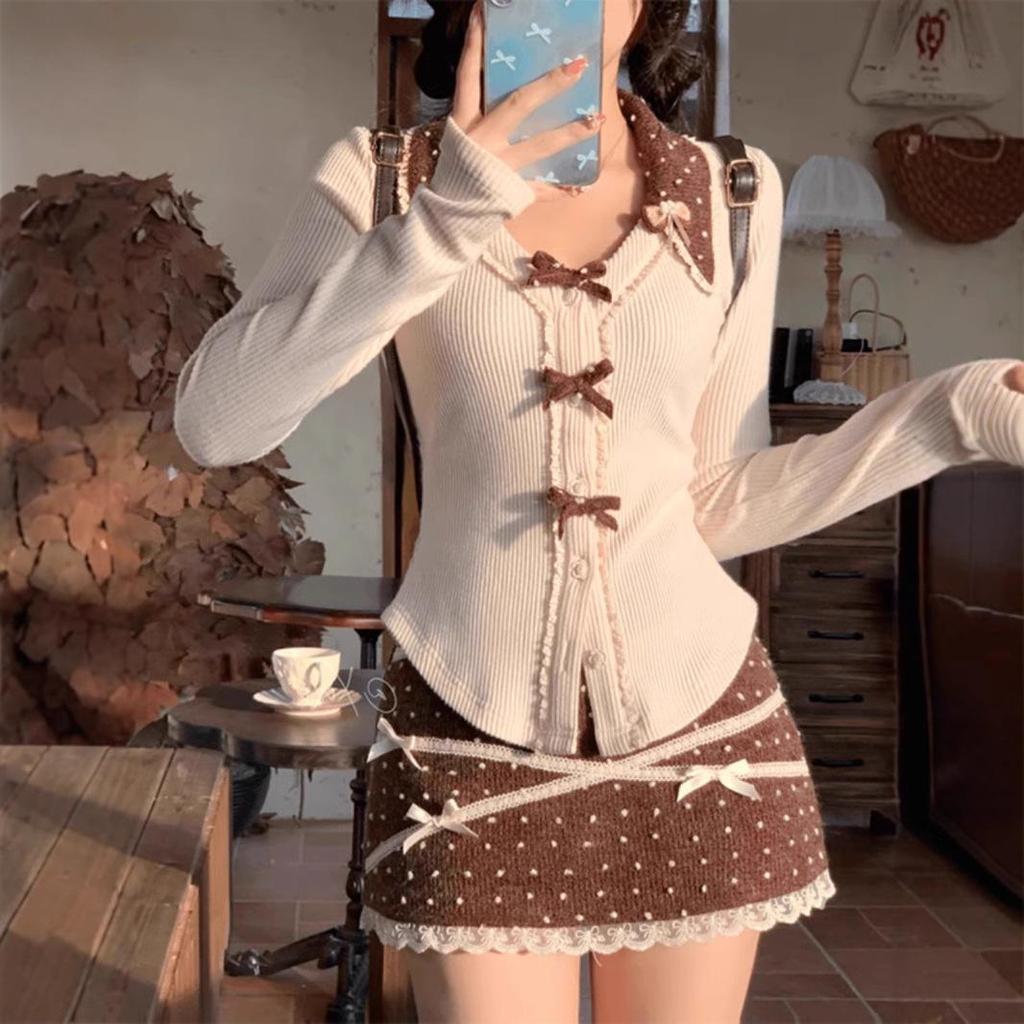 Женский очаровательный кружевной костюм с юбкой - весна и осень в корейском стиле