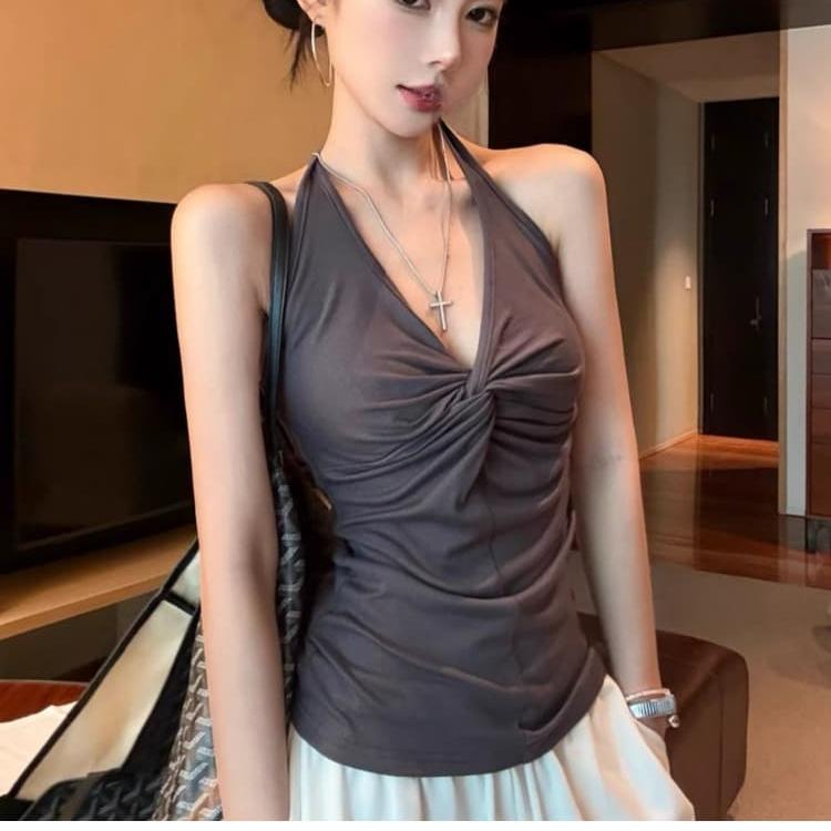 Summer Sexy Halter Sling T Shirt for Women's V-neck Sleeveless T-shirts Casual Slim Elastic Skinny Y2k Tank Tops Women Clothes