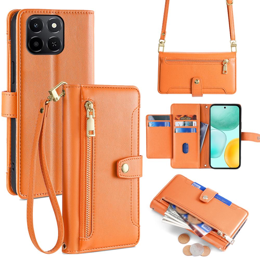 For Honor X6c 4G Leather Case Zipper Pocket Wallet Phone Cover with 2 Straps