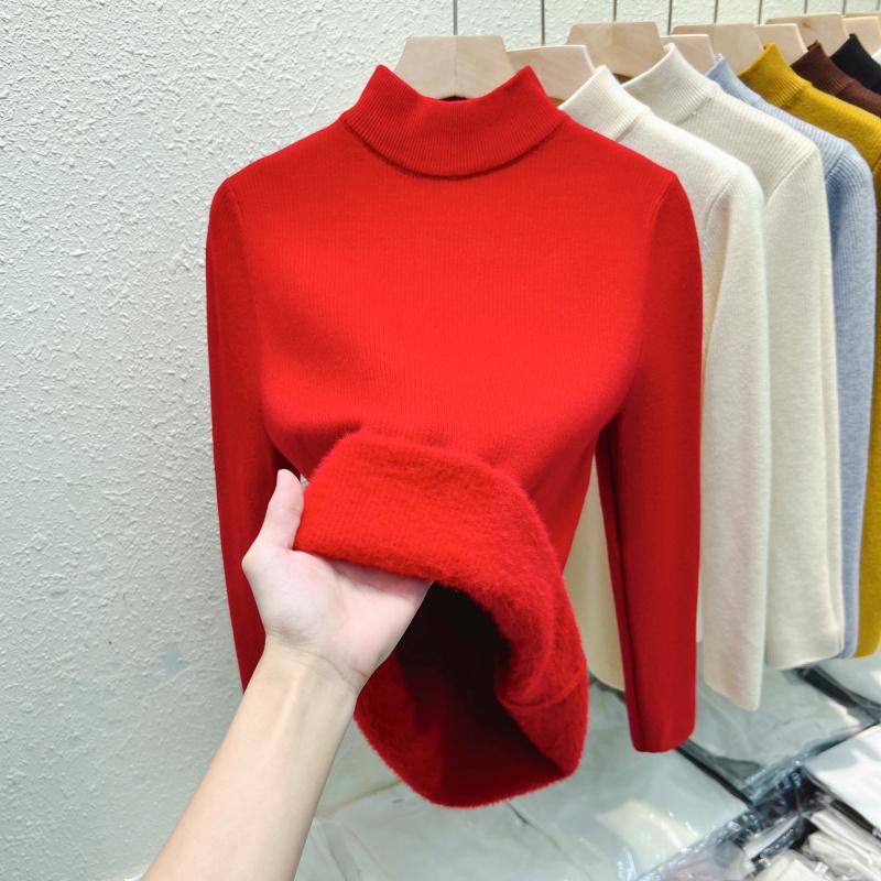 Autumn Warm Velvet Knitted Women's Sweater Casual Winter New Thicken Half High Collar Base Pullover Sweaters Elegant Solid Slim Plush Knitwears 25206