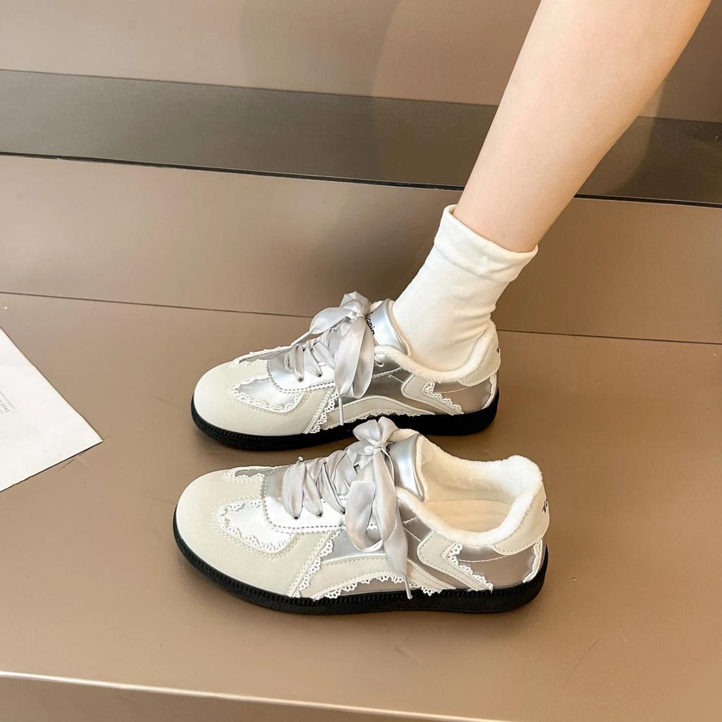 Womens Shoes Round Toe Flat Sneakers Outdoor Patchwork Concise Lace Shape Cotton Velvet Style Comfortable Shoes Students Winter