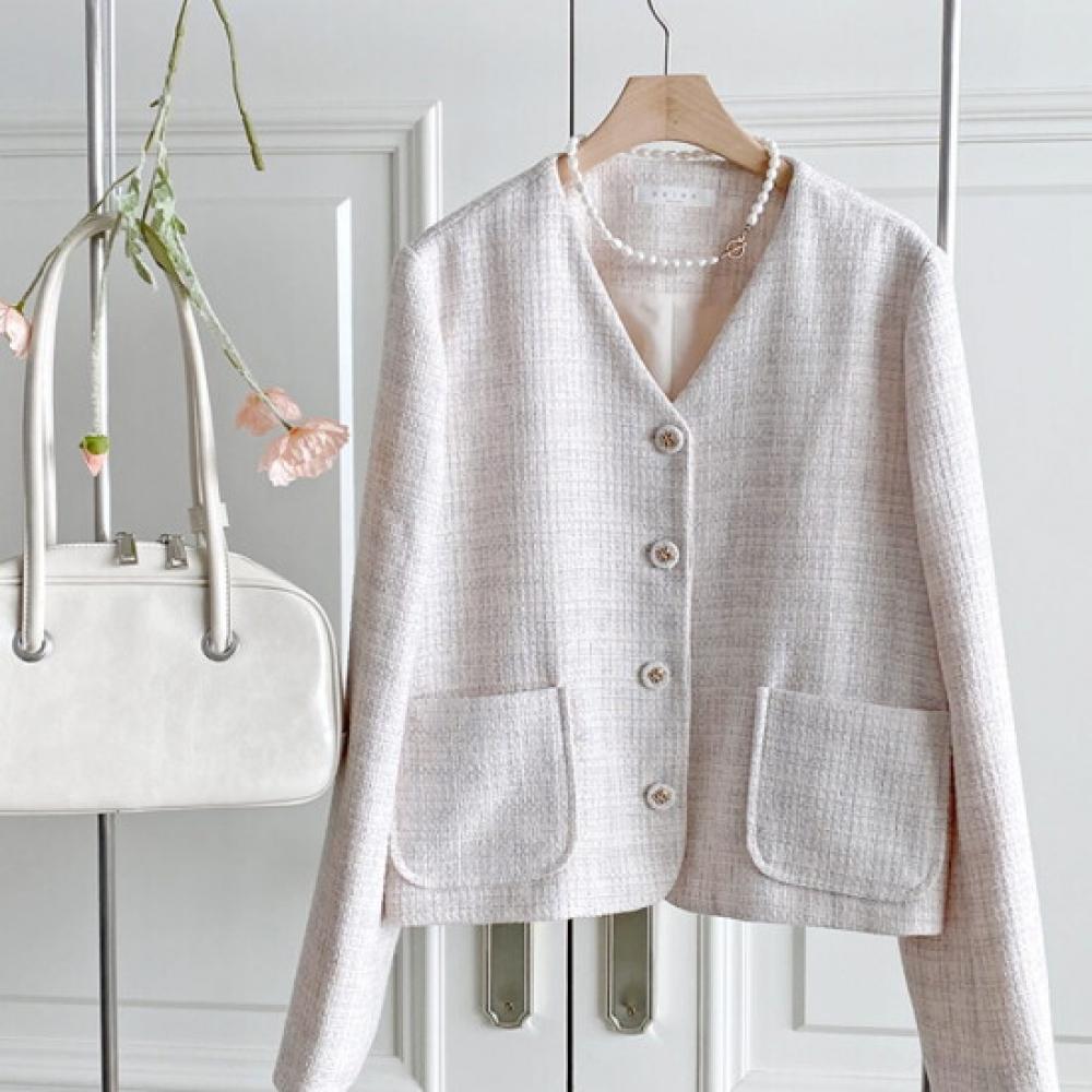 Shop Women No Collar Y Button Check Tweed Spring Jacket ivorY Rei Wjk 4269