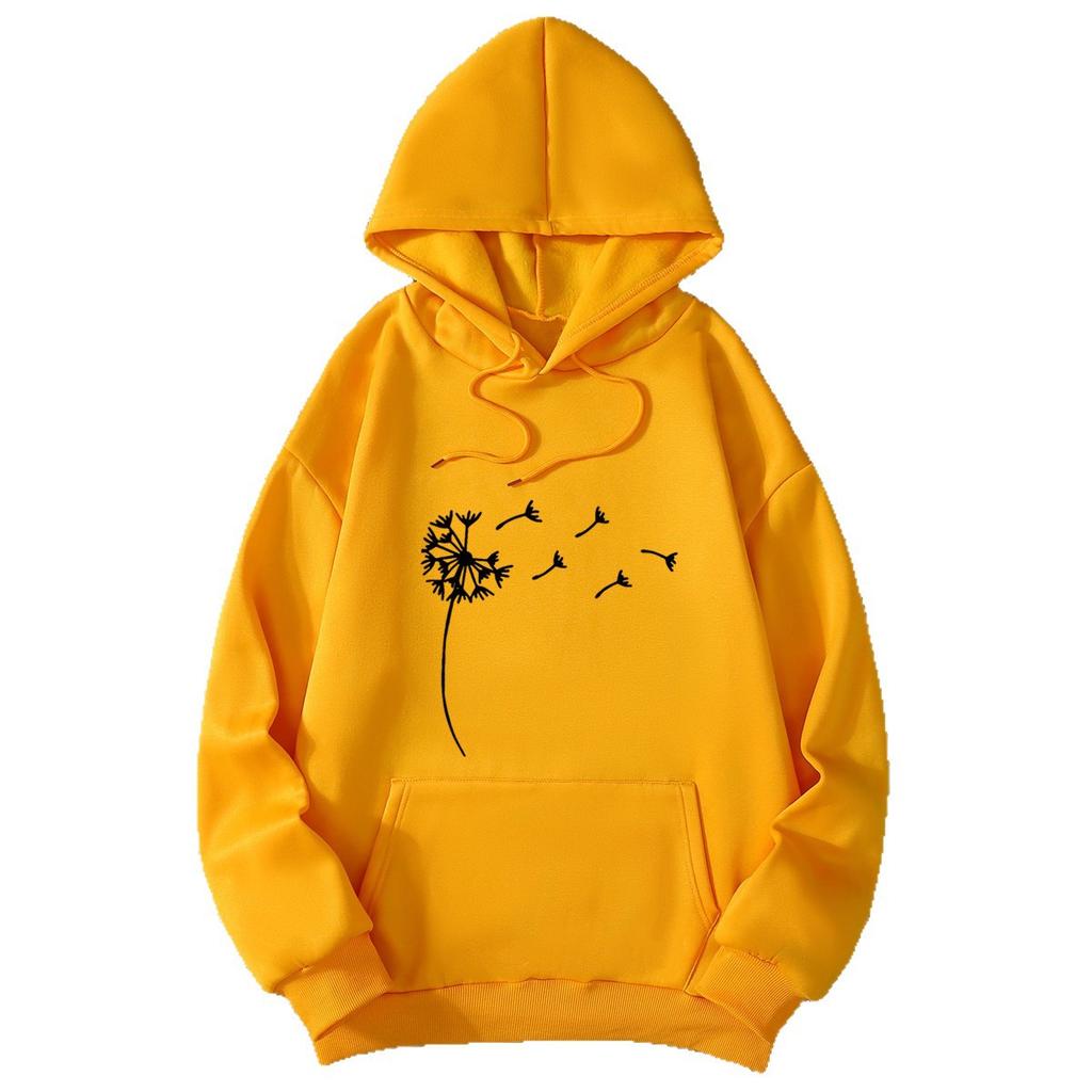Women's Fleece Sweater Plant Print Kangaroo Pocket Drawstring Print Hoodie