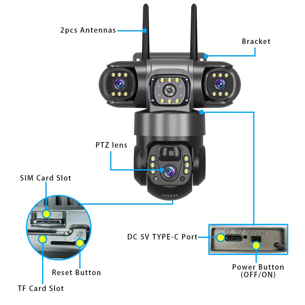 V380 Pro Outdoor 4G Solar Triple Lens Camera with 360° Rotation and Mobile Remote Control