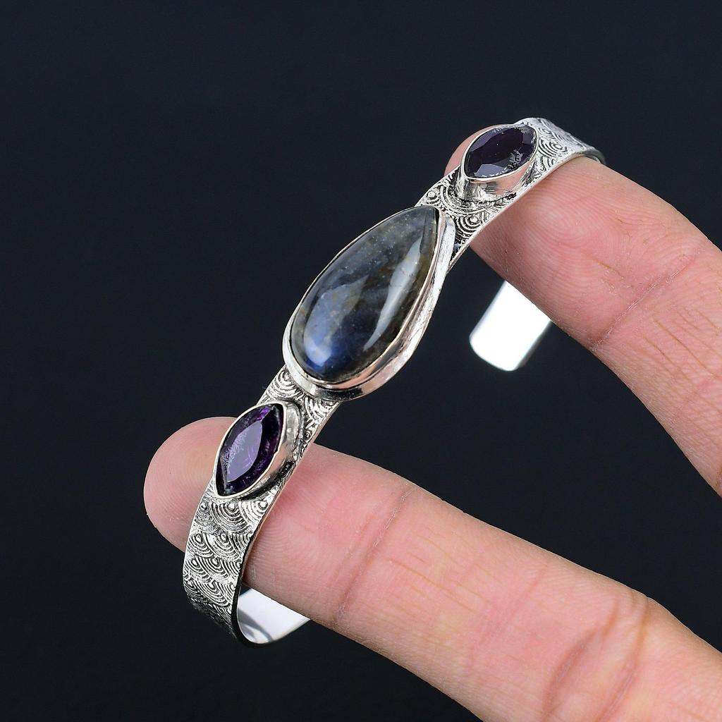 Daughters Day Deal Natural Labradorite Amethyst Sterling Silver Handmade Bangle