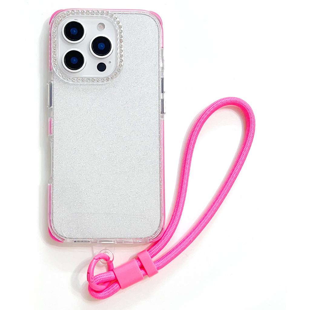For iPhone 16 Pro Max Case Rhinestone Decor Glitter TPU Anti Drop Phone Cover with Adjustable Wrist Strap