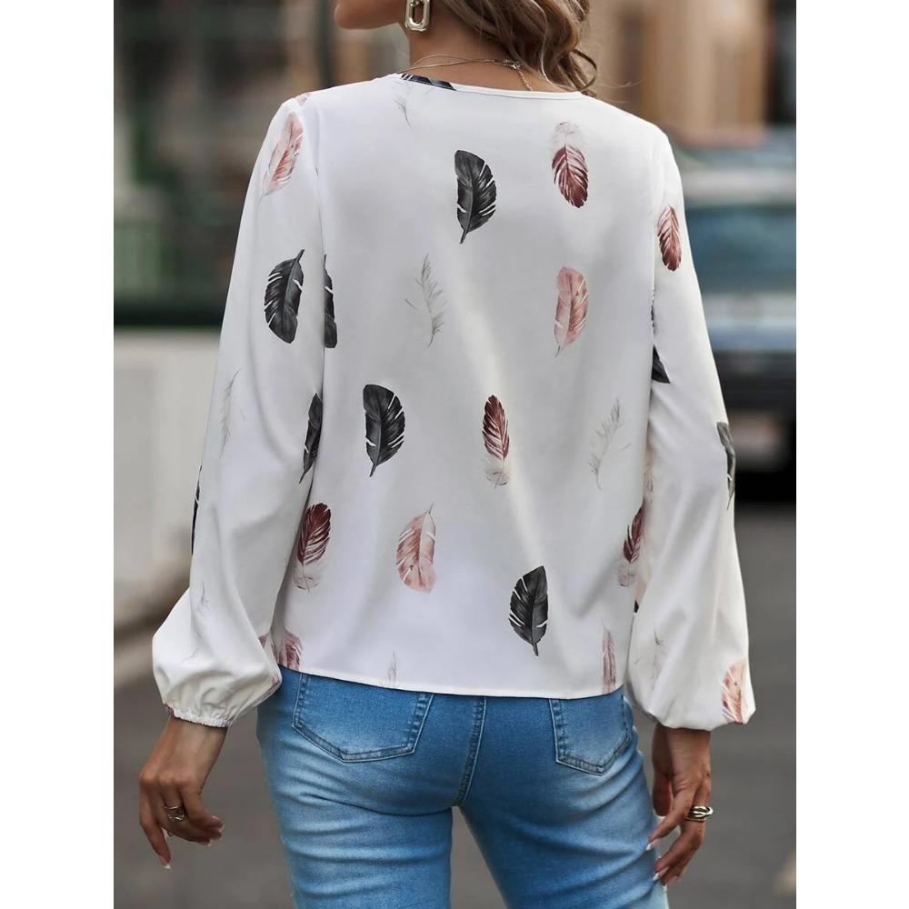GMXIA Women's Spring Summer V-neck Feather Print Long Sleeve Loose T-shirt Top for Women
