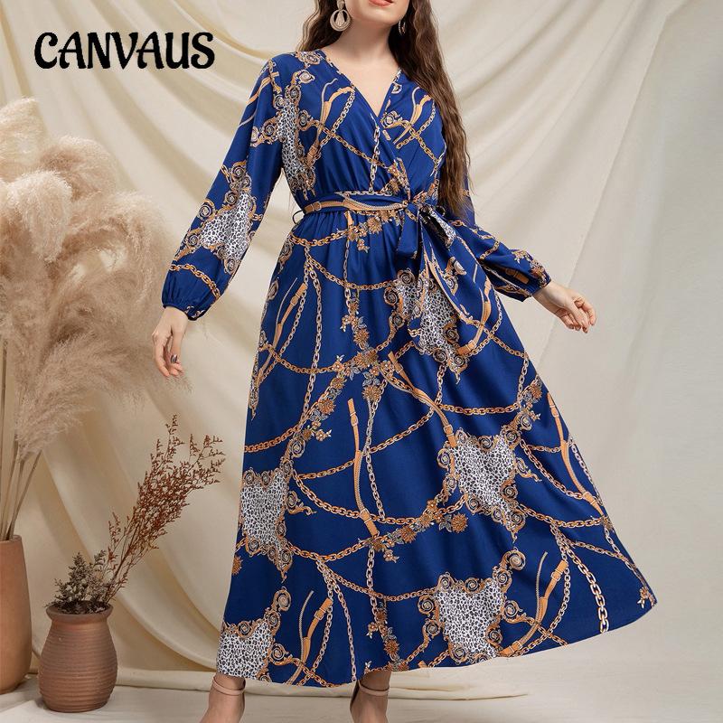 Весенне-осеннее женское платье больших размеров с принтом, темпераментное, с V-образным вырезом, с золотой цепочкой и завязкой на талии, длинное платье