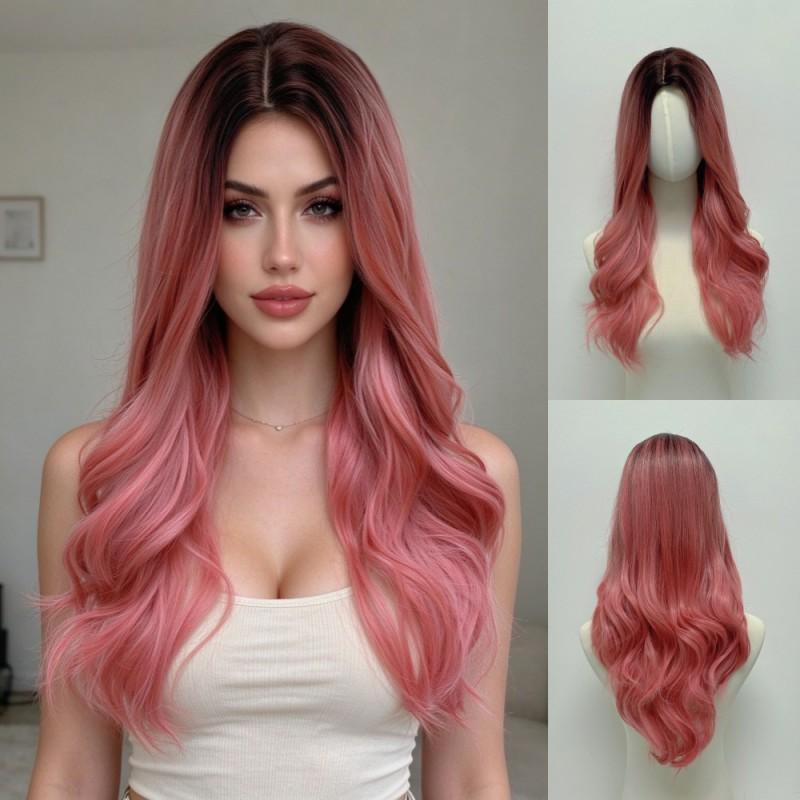 Dark Brown Gradient Sakura Pink Wig Middle Part Long Curly Hair Rose Net Matte Fiber Women
