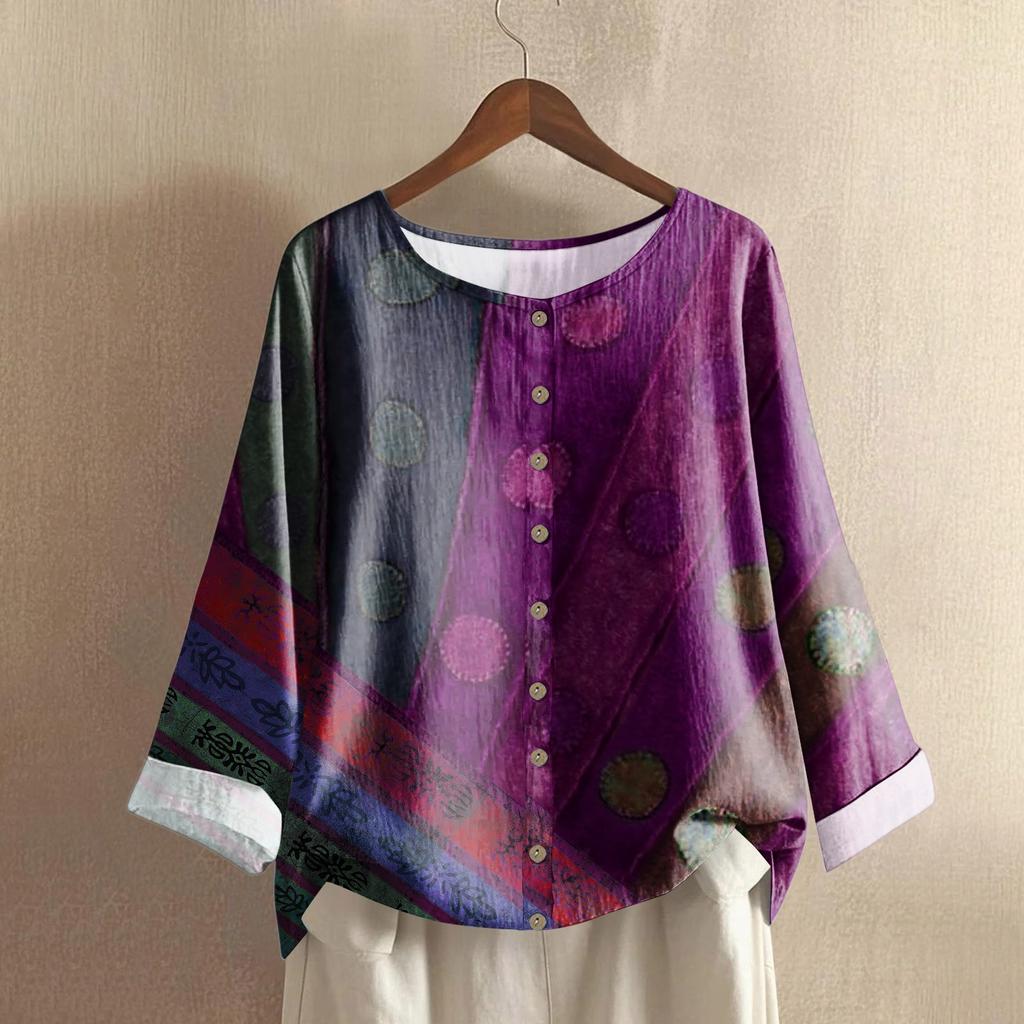 Женский повседневный топ с длинным рукавом и круглым вырезом из хлопка и льна с геометрическим принтом в стиле ретро