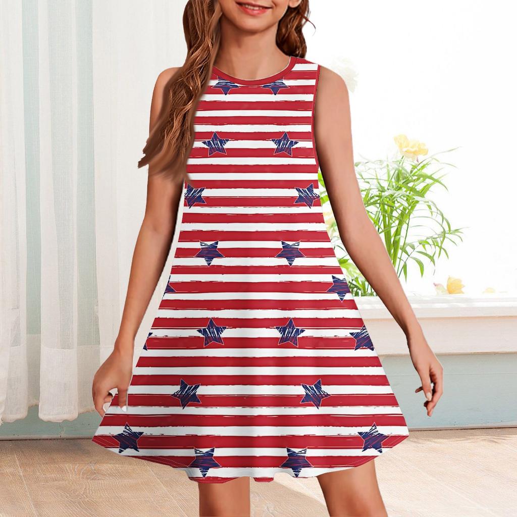 Girl Summer Dress Sleeveless Printed Color Casual Dress
