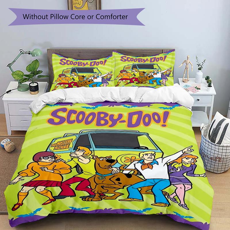 3pcs Scooby Doo Mystery Machine Quilt Cover Set (1 Quilt Cover + 2 Pillowcases Without Pillow Core), High-Definition Printing for Home and Dormitory.F
