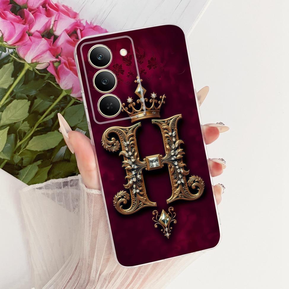 Чехол для Realme 14x 5G Индия Чехол RMX3940 Прозрачный Роскошная Корона Буквы А-Я 2D Плоский Узор Мягкий Чехол для Телефона
