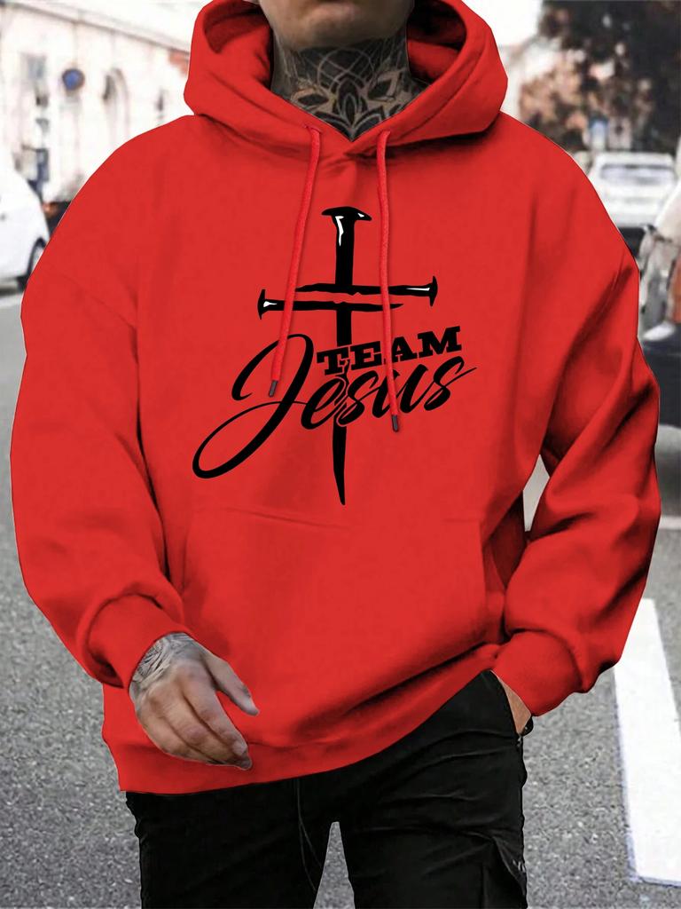 Принт с надписью Team Jesus, мужской свитшот, модный, теплый, с капюшоном, повседневный, с карманами, худи, осенний, свободный, уличная одежда