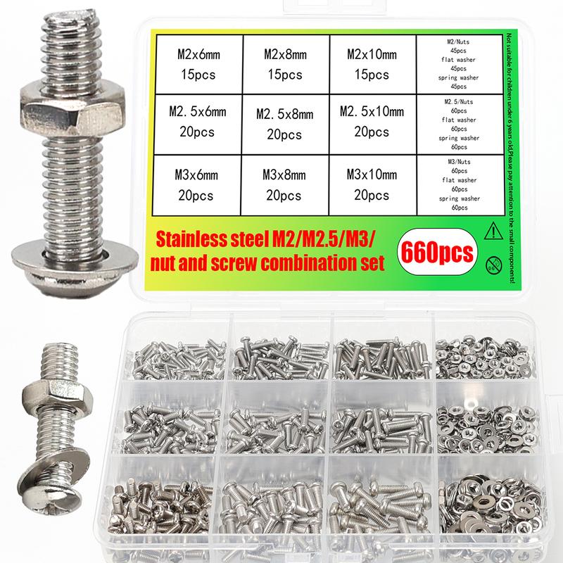 660pcs stainless steel Phillips head pan head screw, nut, and washer set; M2, M2.5, and M3 Phillips head bolt fastener set.