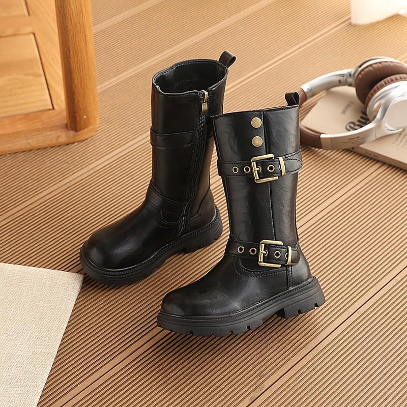 Girls Winter Chunky Sole Riding Boots With Double Buckles British Style Mid-Calf Warm Lined Faux Leather