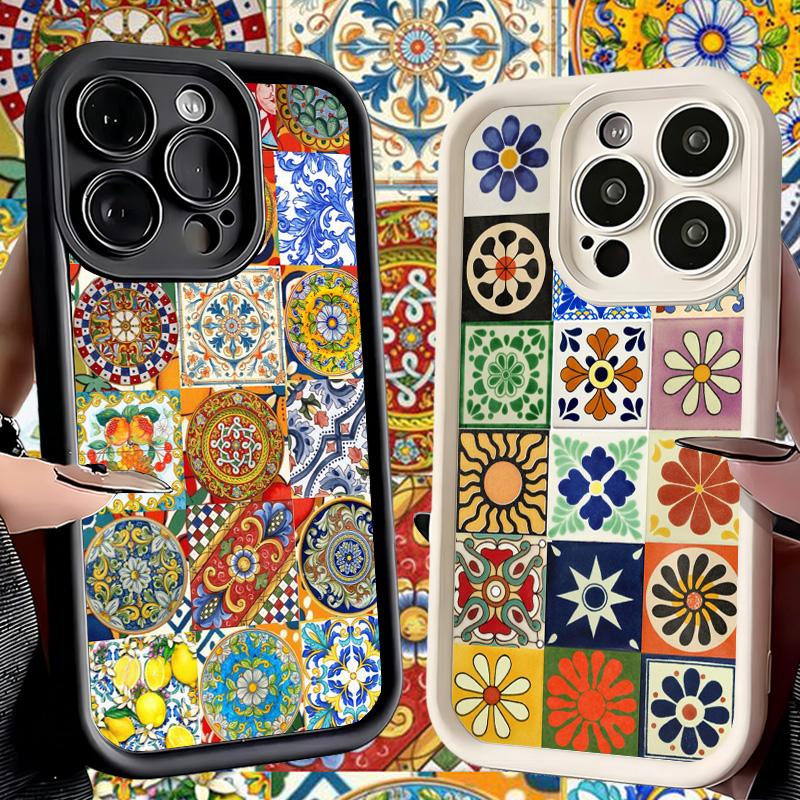 Чехол для телефона iPhone 17 Air 16E 15 16 Pro Max Итальянский Сицилийский Стиль Цветочный Узор Чехол 14 Plus 13 12 Mini Мягкий Корпус Силикон