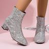 Модные женские сверкающие серебристые ботильоны с блестками, модные ботильоны на массивном среднем каблуке на молнии, женские ботильоны с круглым носком больших размеров, Botas Mujer