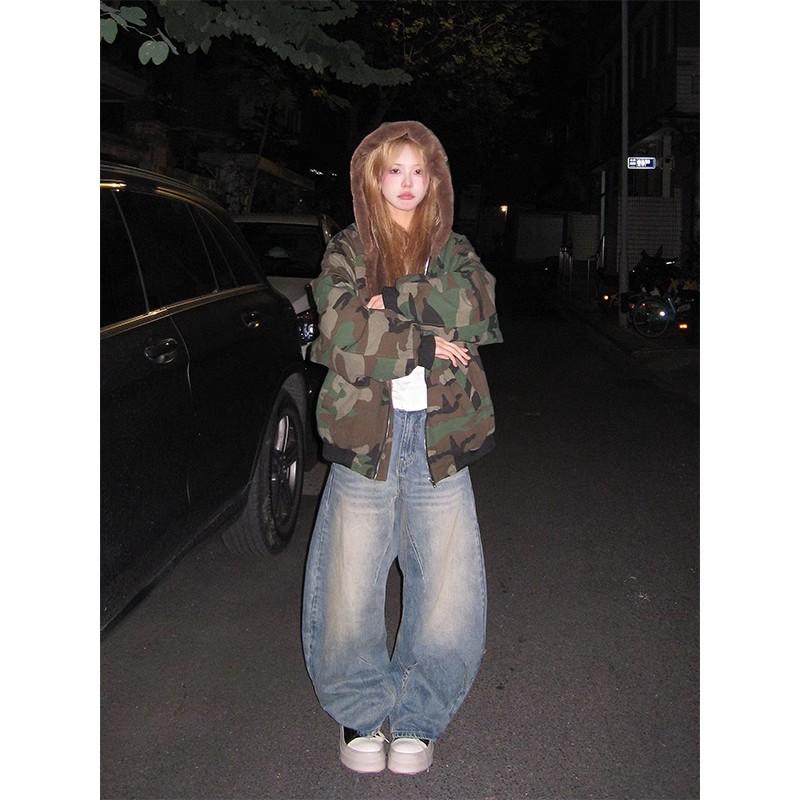 Джинсы JYL Унисекс Bootcut Американский Винтаж Синие Весенние Плиссированные Повседневные Денимовые
